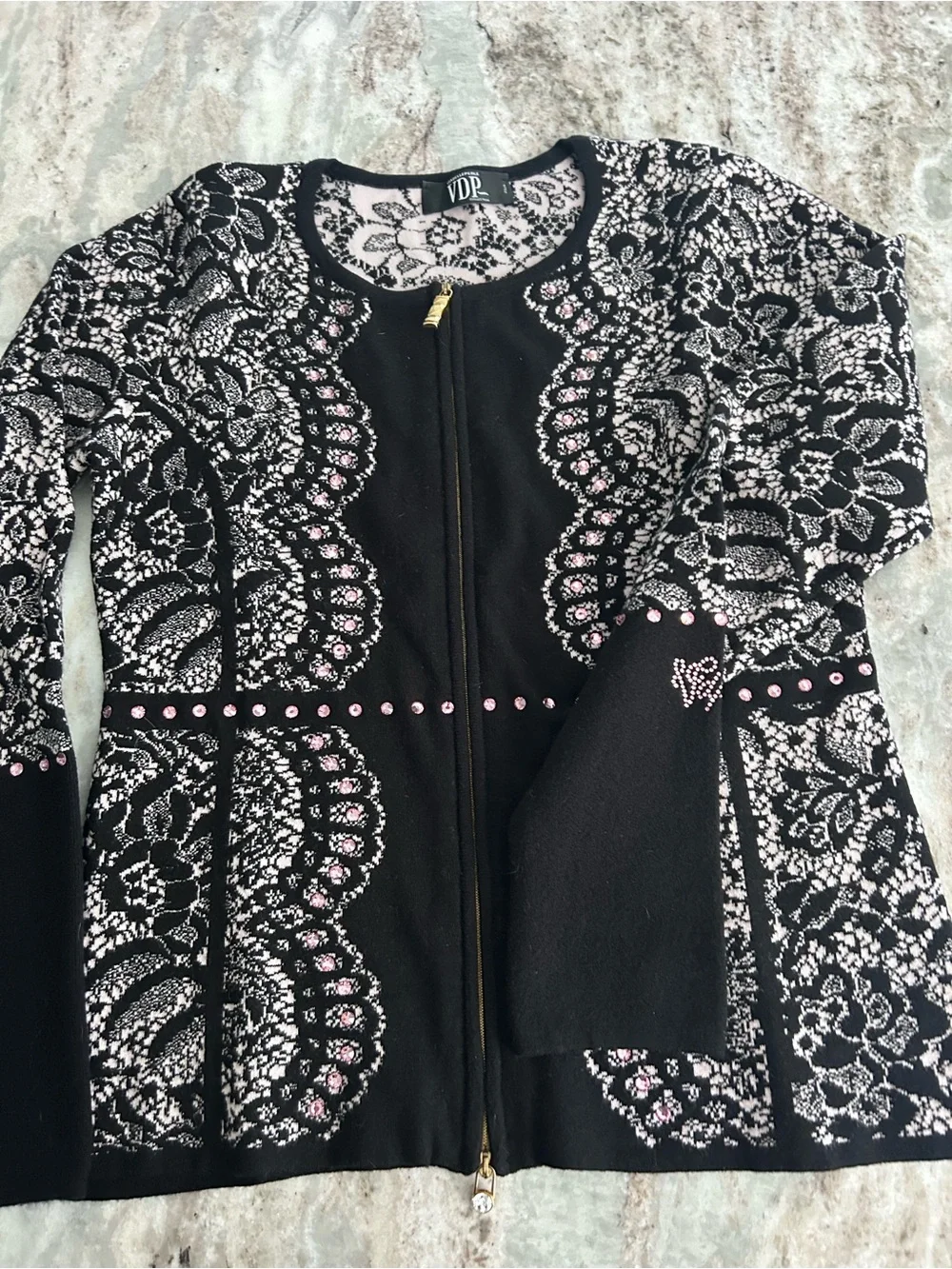 VDP Italian made Black Lace-Pattern Zip-FrontSwarovski crystals Sweater